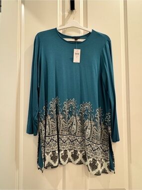 NWT J Jill Teal Long-Sleeve Paisley Border Tunic Top Size Large Petite LP